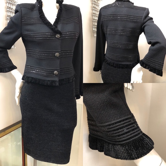 St. John Evening Marie Gray Black Emb. Skirt Suit - Picture 2 of 8